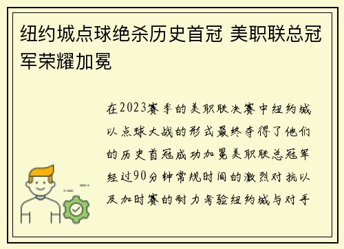 纽约城点球绝杀历史首冠 美职联总冠军荣耀加冕